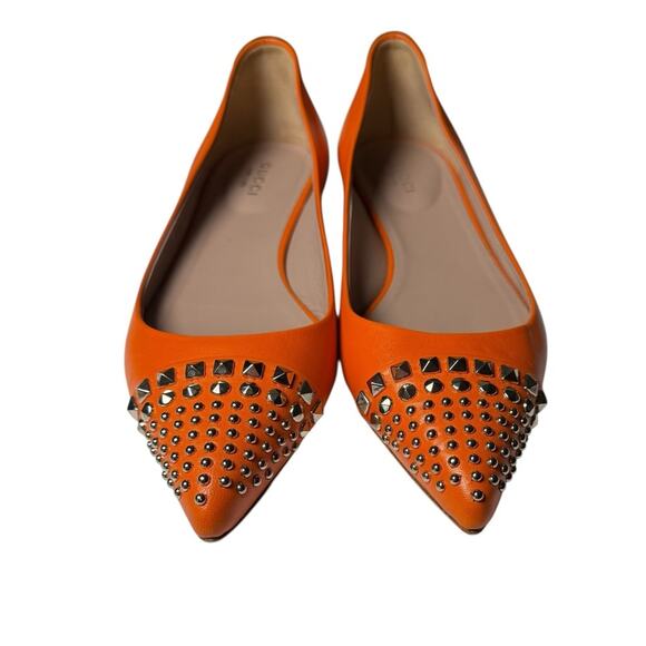 Gucci Pointed Toe Orange Leather Flats Silver Stud Toe Cap Slip On EU 37 US 7 - Picture 3 of 14